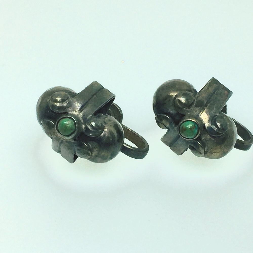 30s Mexico Sterling Double Ball Turquoise Earrings